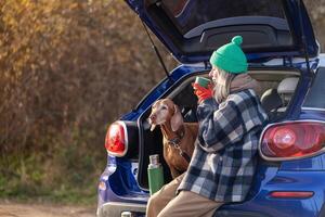Woman pet owner drinking tea sitting in car trunk with dog enjoying nature in forest on weekend. photo