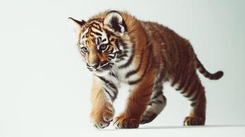 Playful young tiger cub exploring a bright and spacious indoor environment photo