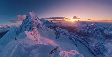 Majestic snowy peaks glowing at sunrise from high altitude Nepal Himalayas photo