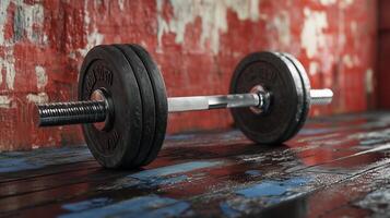 Heavy Olympic barbell resting on rustic gym floor in industrial gym setting photo