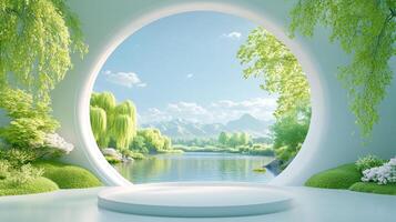 Circular window view of serene lake with greenery and mountains. photo