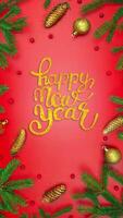 New Year's frame made of Christmas tree branches, Christmas balls and cones. inscription Happy New Year from glitter. Vertical stop motion animation 4k video