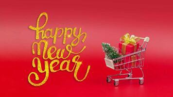 Inscription Happy New Year from glitter. Stop motion animation of trolley with gifts and a Christmas tree. Red background style animation banner, card 4k video