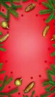 New Year's frame made of Christmas tree branches, Christmas balls and cones. Copy space place for your text. Vertical stop motion animation vertical banner video