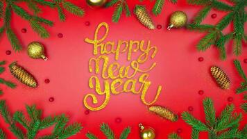 New Year's frame made of Christmas tree branches, Christmas balls and cones. inscription Happy New Year from glitter. Stop motion animation video