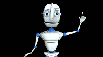 White robot with blue joints talking in front of the camera, making gestures with its face and moving its hands against a transparent background. Loop sequence. 3D Animation video