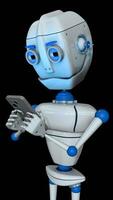 White robot with blue joints gesturing with his face while chatting with his smartphone against transparent background. Loop sequence. 3D Animation video