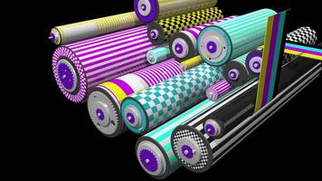 Offset printing concept. Strips of paper passing through a group of yellow, magenta, cyan and black rollers printing the papers against transparent background. Loop sequence. 3D animation video