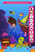 Printable kids activity game find hidden objects underwater with African girl swimming near ship, octopus, and fish vector