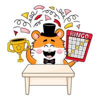 Cute hamster mascot winning bingo championship with funny happy emotion, cartoon style vector