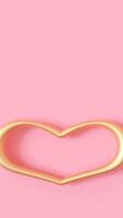 Minimalist vertical 3D animation with golden heart on soft pastel pink background. Ideal for Valentines Day promotions, romantic themes, or design projects highlighting love and elegance. Copy space. video