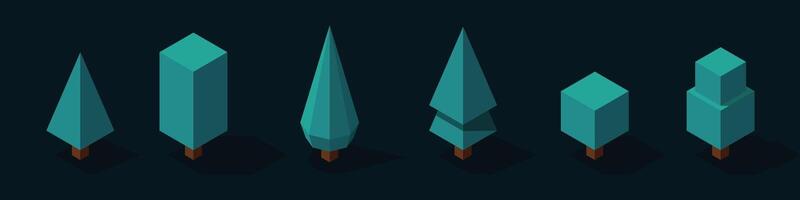 Isometric tree at night set. Tree isometric set elements. Isometric trees elements for landscape design. Park element set vector