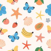 Seamless pattern with summer tropical fruits, butterflies, exotic flowers, seashells, starfish on white background. Flat colorful illustration for fabric print, wrapping paper, backdrop. vector