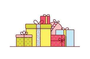 Holiday gift boxes wrapped in bright colored paper and decorated with ribbons and bows. Pile of packed festive presents isolated on white background. Colorful illustration in line art style vector