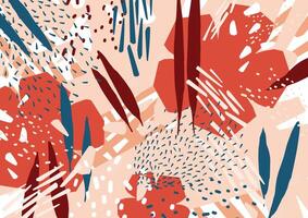 Modern abstract background with stylized red and blue flowers and leaves. Horizontal backdrop with natural decorations of vivid colors. Creative decorative colorful illustration in flat style vector