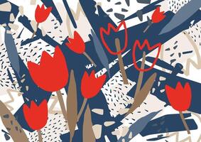 Abstract background with stylized red blooming tulip flowers. Unusual colorful horizontal backdrop with natural decorations. Creative decorative illustration in contemporary art style vector