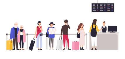 People standing in queue or line to check-in desk in order to register for flight. Men and women with baggage waiting for plane departure at airport. Colored cartoon illustration in flat style vector