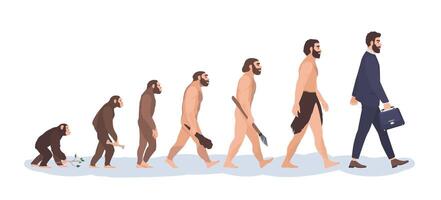 Human evolution stages. Evolutionary process and gradual development visualization from monkey or primate to businessman dressed in suit carrying briefcase. Flat cartoon colorful illustration vector