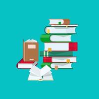 Pile of books with colorful covers and bookmarks isolated on blue background. Stack of hardcover textbooks or literature works. University education, reading, studying. Cartoon illustration vector