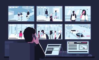 Security service worker sitting in dark control room in front of monitors displaying from surveillance cameras, watching and talking on phone. Back view. Flat cartoon illustration vector