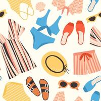 Seamless pattern with summer clothes and accessories on white background - sunglasses, shorts, straw hat, swimsuit, tunic. Flat colorful illustration for textile print, wrapping paper vector