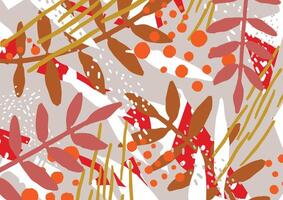 Abstract background with stylized autumn leaves and berries. Artistic motley colorful horizontal backdrop with natural seasonal decorations. Modern decorative illustration in flat style vector