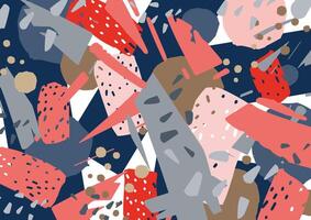 Abstract background with stylized chaotic texture with scattered blue, pink and red debris. Bright colored horizontal decorative backdrop. Creative illustration in contemporary art style vector