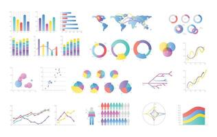 Collection of colorful bar charts, pie diagrams, linear graphs, scatter plots. Statistical and financial data visualization and representation. illustration for business presentation, report vector