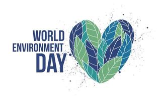 Heart made of blue and green leaves and World Environment Day lettering written with elegant calligraphic font. Ecology, ecological and environmental problem solving. Colored illustration. vector