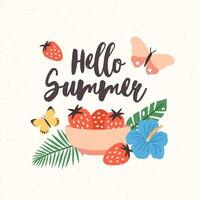 Composition with Hello Summer lettering written with beautiful cursive font decorated with seasonal elements - bowl with strawberries, butterflies, exotic leaves and flowers. Flat illustration vector