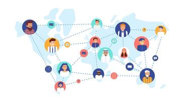 Round portraits of smiling people connected with each other on world map. International business team, global professional network, multinational company. Flat cartoon colorful illustration vector