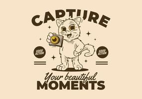 Capture your beautiful moment. Mascot character of a standing cat holding a a pocket camera vector