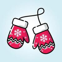 Charming Red Knitted Winter Mittens with Snowflake Design Hanging Illustration vector