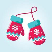 Charming Winter Mittens Festive Red and Teal Knitted Gloves with Snowflake Design for a Cozy Holiday Season vector