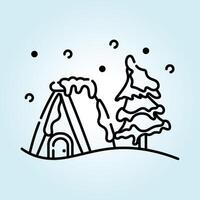 Snowy Winter Cabin Scene A Cozy A-Frame House and a Snow-Covered Pine Tree in a Winter Wonderland vector