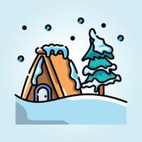 Cozy Winter Cabin in Snowy Landscape A Whimsical Illustration of a Snow-Covered A-Frame Cabin nestled beside a Frosty Pine Tree under a Gentle Snowfall vector