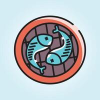 Two Turquoise Fish on a Brown Grid in a Reddish Circle Graphic Design vector
