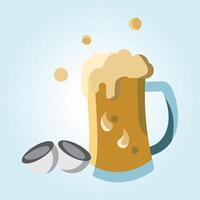 Refreshing Beer Mug with Frothy Head and Two Broken Eggshells on a Light Blue Background vector