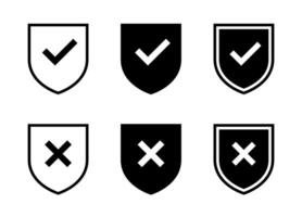 Shield check cross mark icon set. Safe and unsafe, defense sign symbol vector