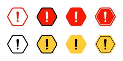 Warning sign, caution icon set collection in hexagon shape. Attention, danger alert symbol vector