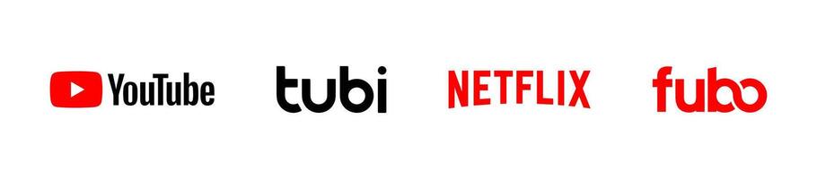 app logo. Top stream servise company logo set. YouTube, Netflix, Fubo, Tubi. Editorial logotype vector