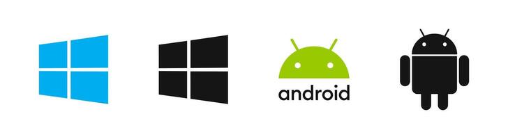 Windows, Android logo set. Operating system brand logo. Modile and desktop Operating-System . OS logotype icons vector
