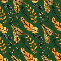 Watercolor seamless pattern with orange and black leaves on the green background. Christmas tree branch pattern. Perfect for greeting cards, invitation, wrapping paper, textile vector