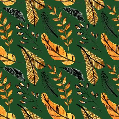 Watercolor seamless pattern with orange and black leaves on the green background. Christmas tree branch pattern. Perfect for greeting cards, invitation, wrapping paper, textile