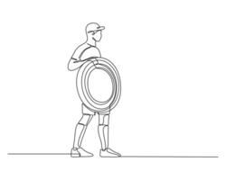 Continuous line drawing of a person holding a dart, standing in a focused pose. Minimalist design perfect for themes of sports, accuracy, and precision. vector
