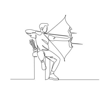 Continuous line drawing of an archer aiming with a bow and arrow, showcasing precision and focus in archery. Ideal for sports, outdoor activities, and skill development themes. vector