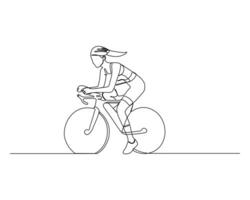 Minimalist continuous line drawing of a cyclist riding a bicycle, showcasing the dynamic motion and simplicity of the sport. Ideal for sports, fitness, and lifestyle themes. vector