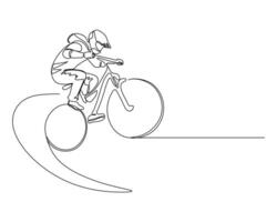 Minimalist continuous line art of a cyclist in action, capturing speed, energy, and adventure in a clean and modern style. vector