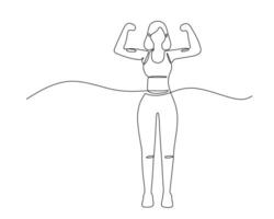 A continuous line drawing of a woman flexing her muscles, symbolizing strength and empowerment. The minimalist design captures the essence of fitness and confidence. vector