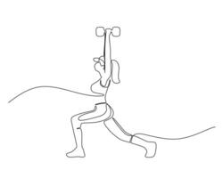Continuous line drawing of a person performing a lunge exercise with dumbbells. Fitness, strength training, and workout concept. Minimalist design, isolated on white background. vector